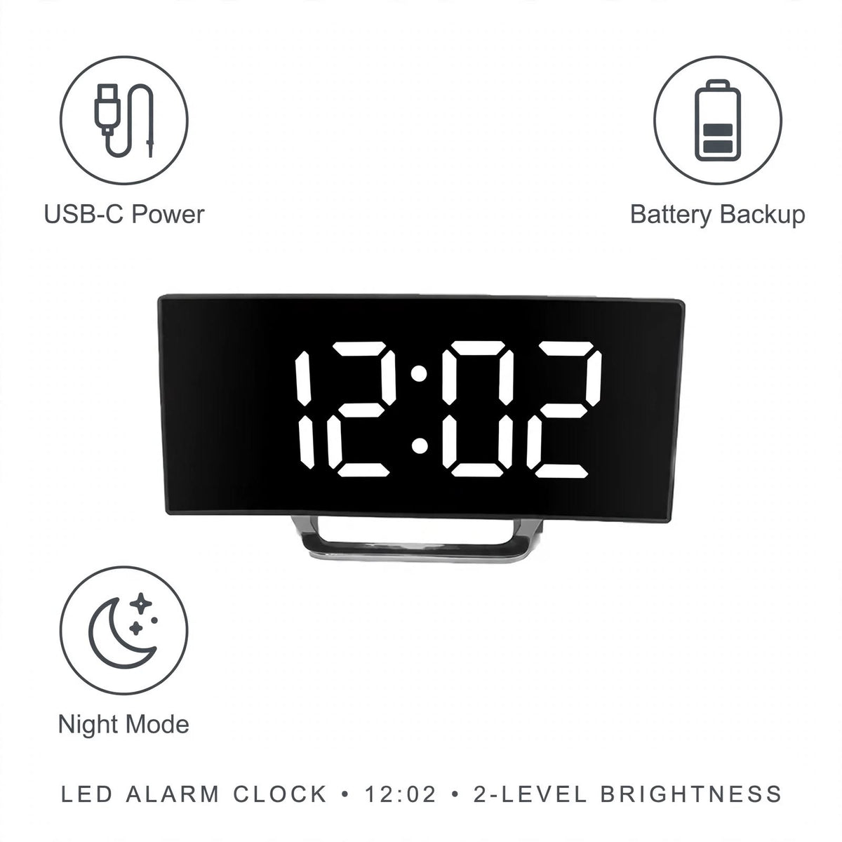 LED Mirror Alarm Clock - Curved Display, Snooze