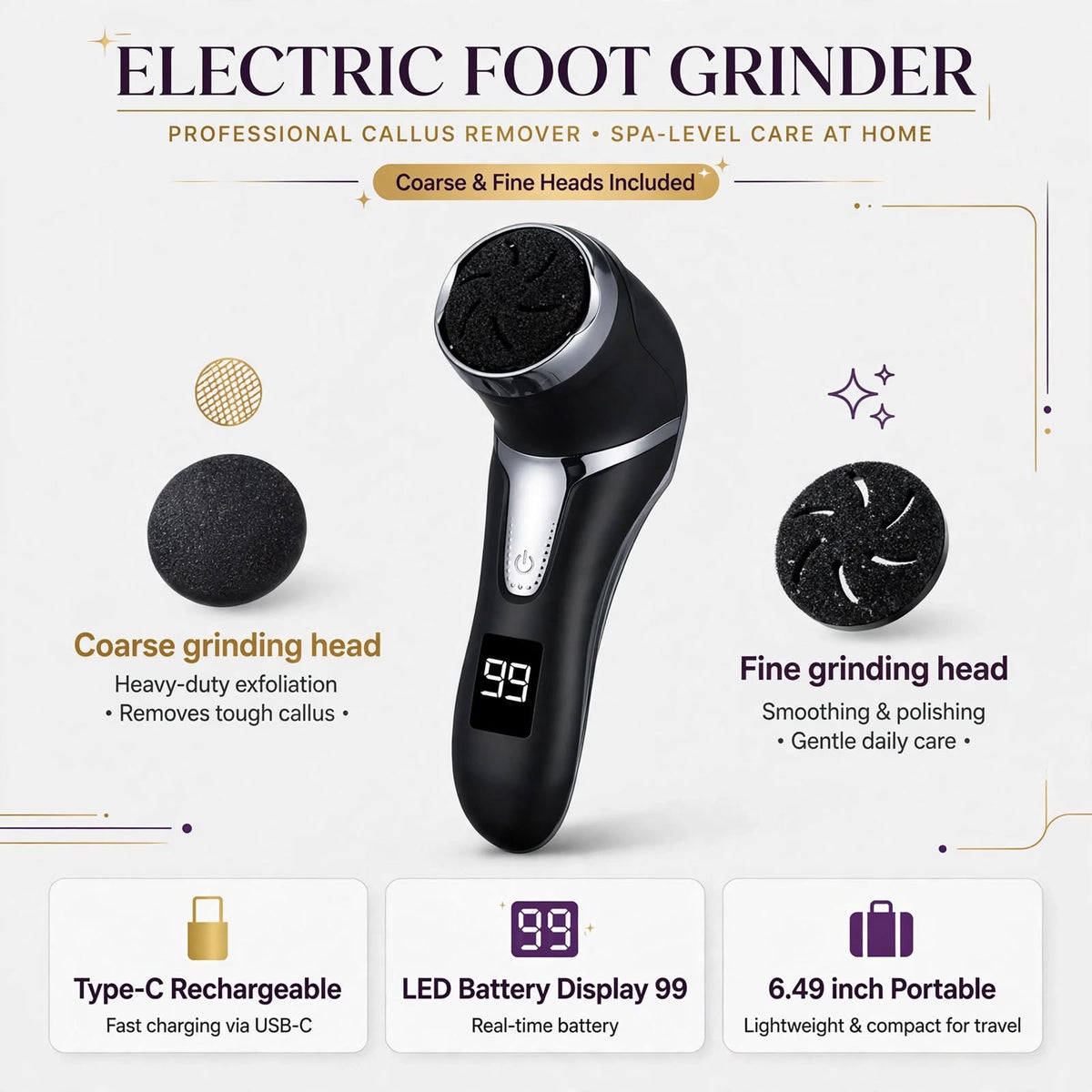 Professional Electric Foot File Callus Remover - Rechargeable Foot Grinder with LCD Display