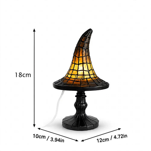 Halloween Witch Hat Night Light - Stained Glass Gothic Table Lamp, Warm Amber Accent Light for Bedroom