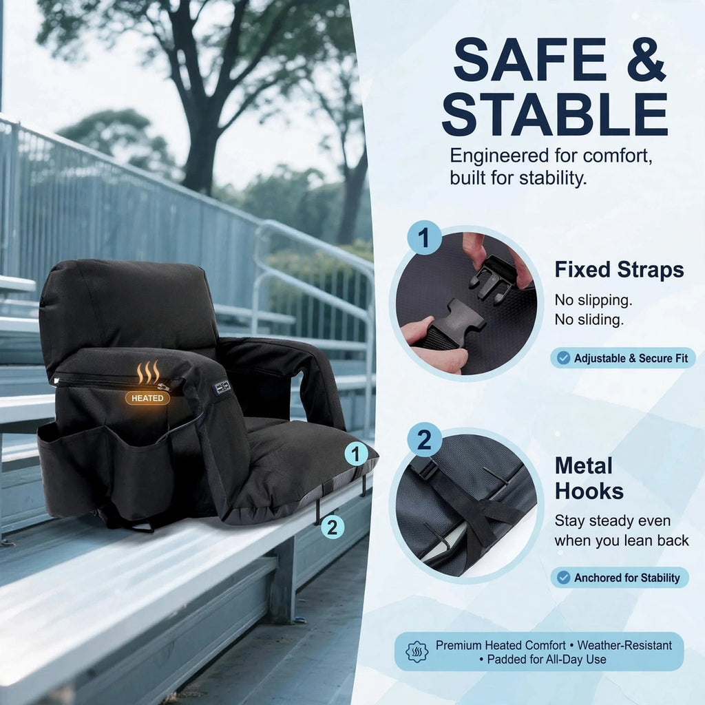 Heated Stadium Seat - USB Powered Bleacher Chair with Back Support, 3 Heat Levels