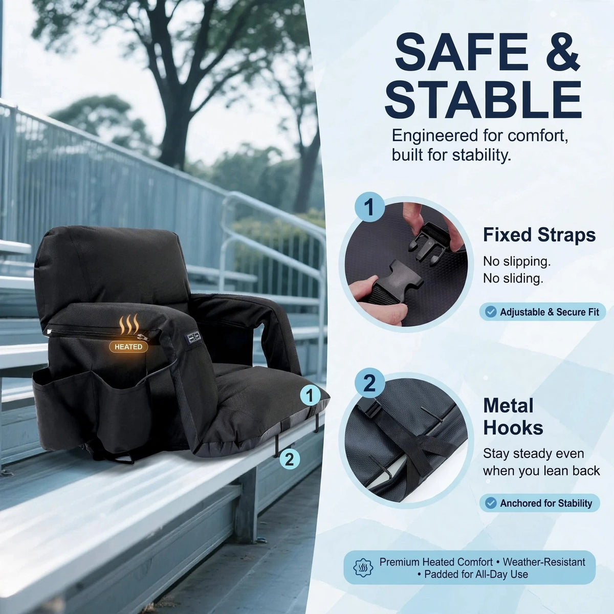 Heated Stadium Seat - USB Powered Bleacher Chair with Back Support, 3 Heat Levels