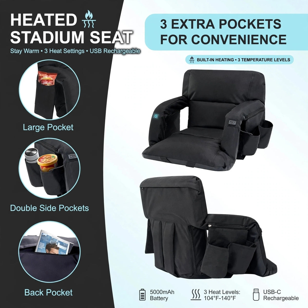 Heated Stadium Seat - USB Powered Bleacher Chair with Back Support, 3 Heat Levels