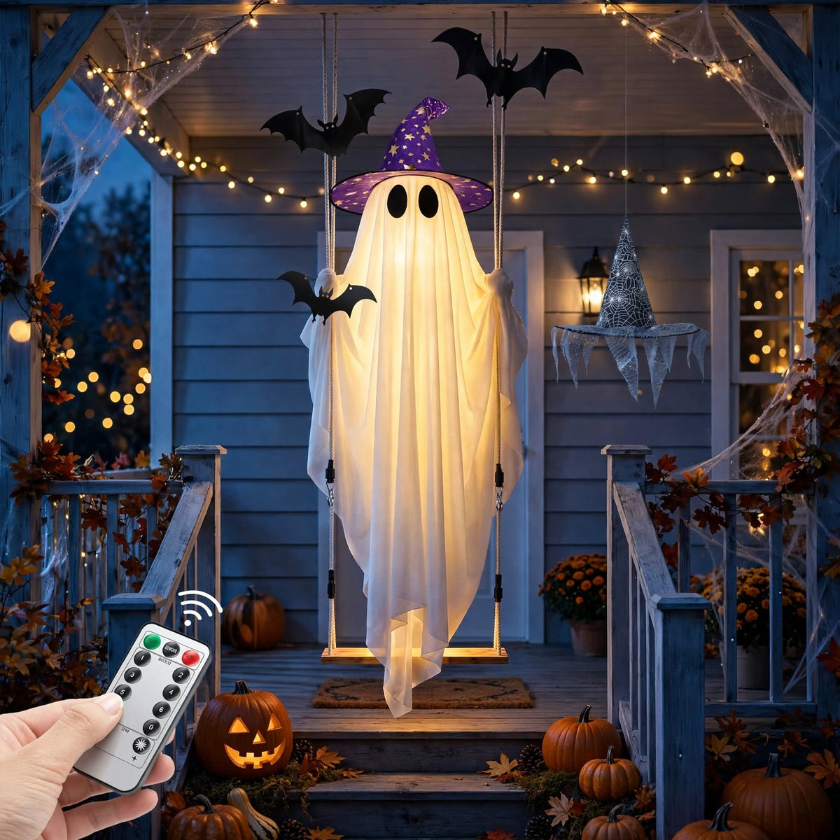 Halloween Light Up Ghost on Swing - 5 Foot Outdoor Lighted Hanging Decoration with Timer Remote and Witch Hats for Front Porch