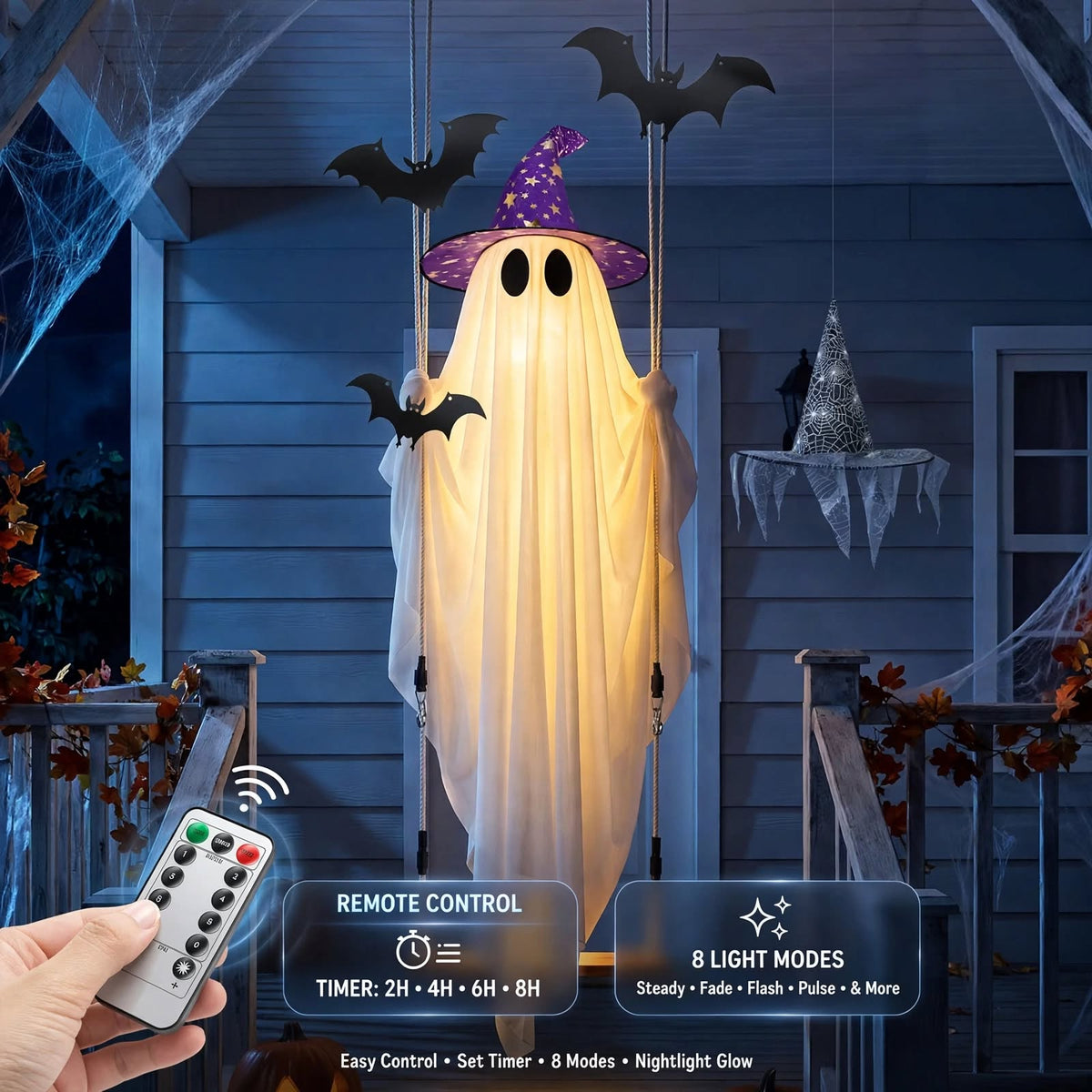 Halloween Light Up Ghost on Swing - 5 Foot Outdoor Lighted Hanging Decoration with Timer Remote and Witch Hats for Front Porch
