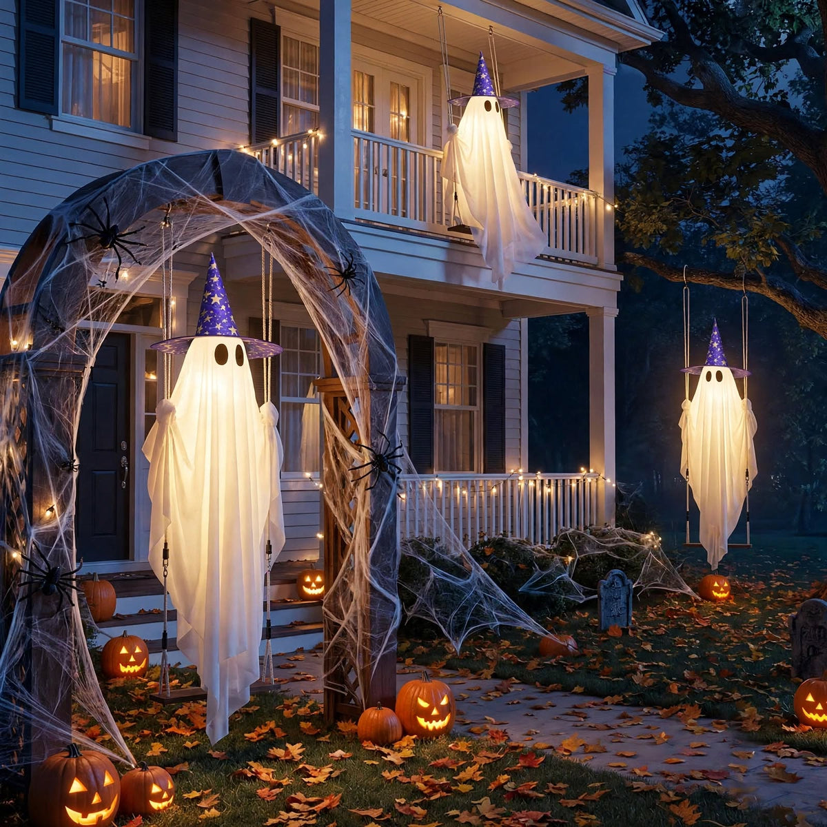 Halloween Light Up Ghost on Swing - 5 Foot Outdoor Lighted Hanging Decoration with Timer Remote and Witch Hats for Front Porch
