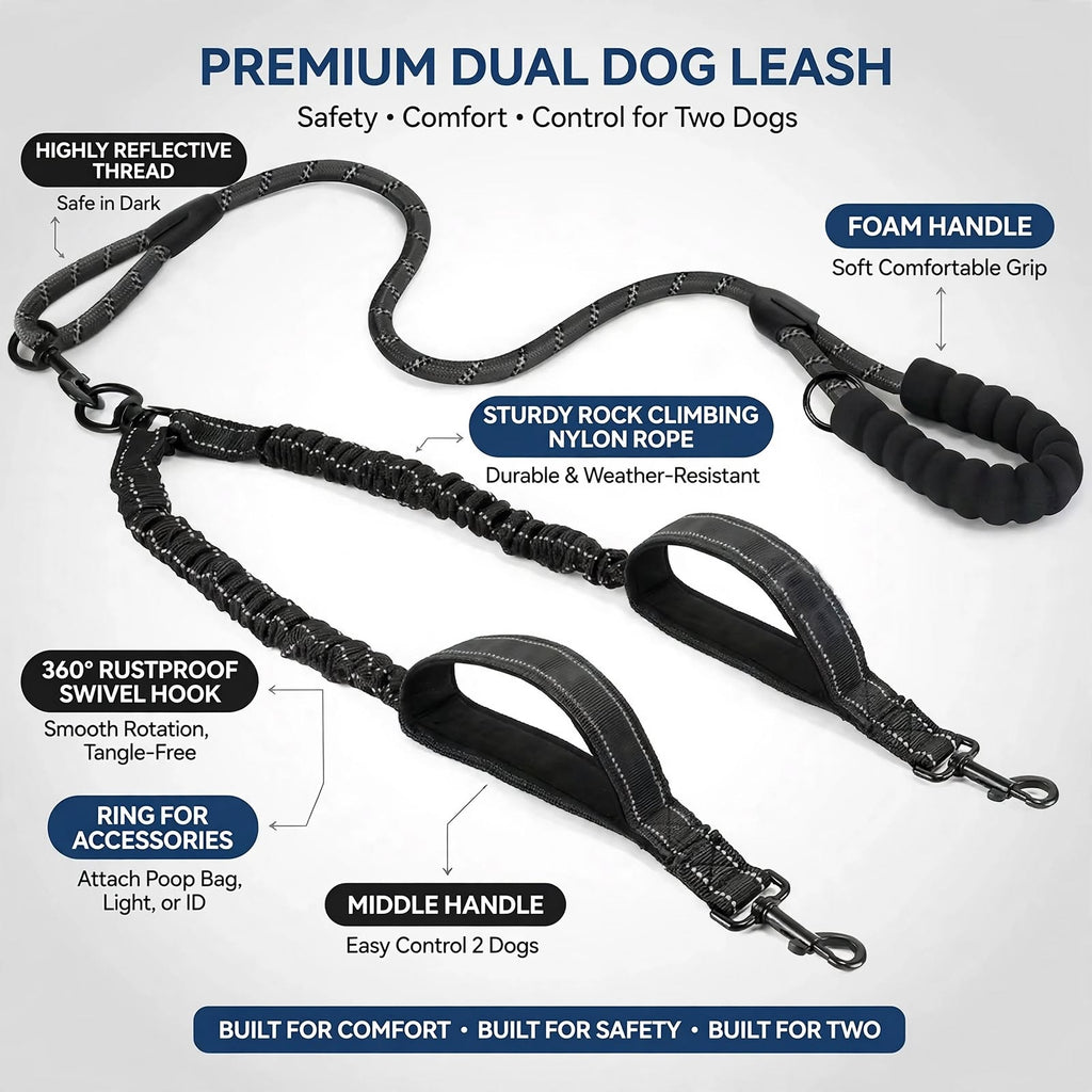 Dual Dog Leash 360° Swivel No-Tangle for 2 Dogs