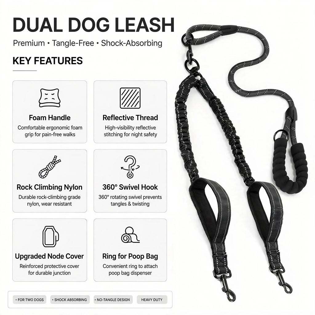 Dual Dog Leash 360° Swivel No-Tangle for 2 Dogs