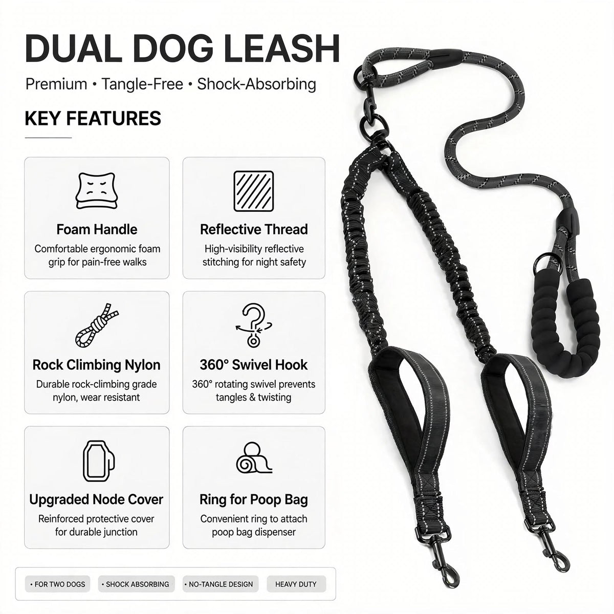 Dual Dog Leash 360° Swivel No-Tangle for 2 Dogs