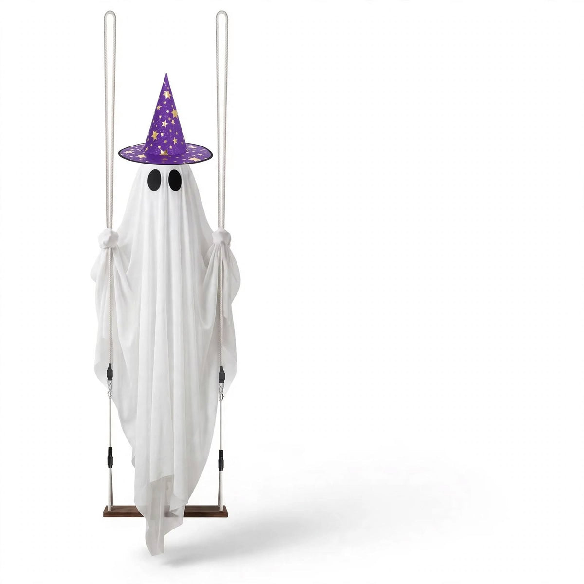 Halloween Light Up Ghost on Swing - 5 Foot Outdoor Lighted Hanging Decoration with Timer Remote and Witch Hats for Front Porch