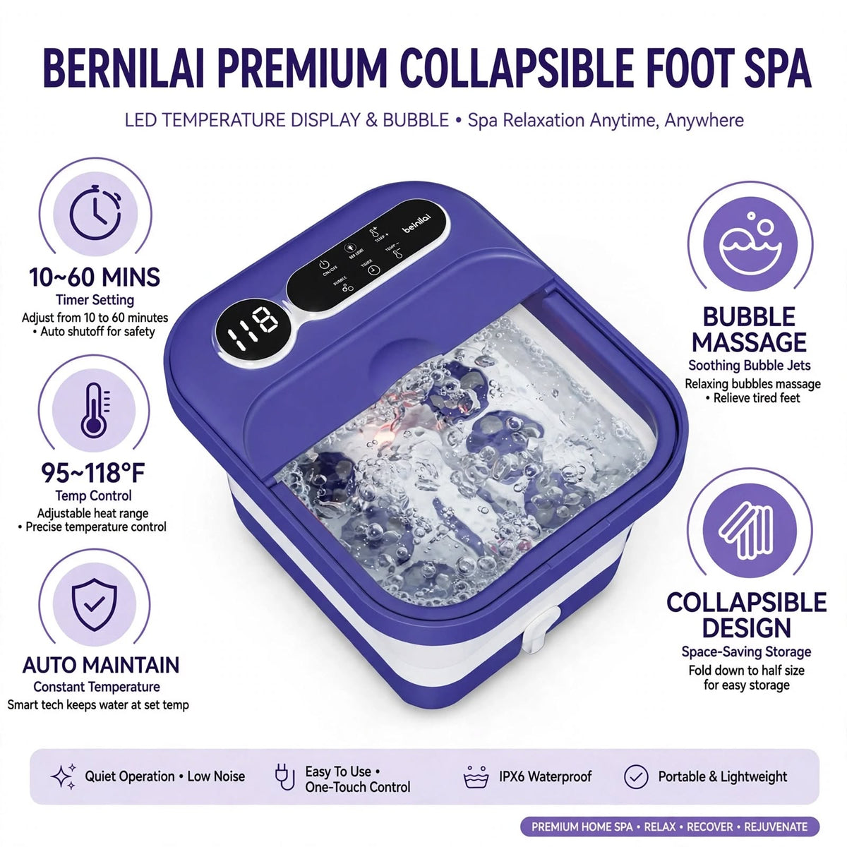Electric Foot Bath Massager with Heater - Collapsible Foot Spa with Temperature Control and Bubble Massage