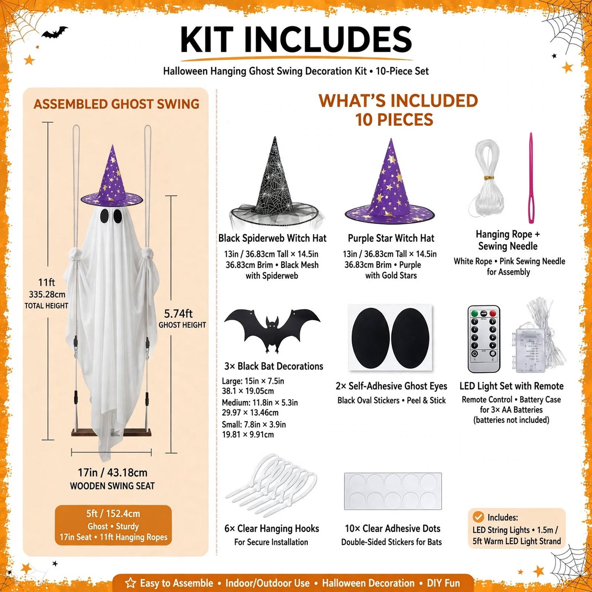Halloween Light Up Ghost on Swing - 5 Foot Outdoor Lighted Hanging Decoration with Timer Remote and Witch Hats for Front Porch